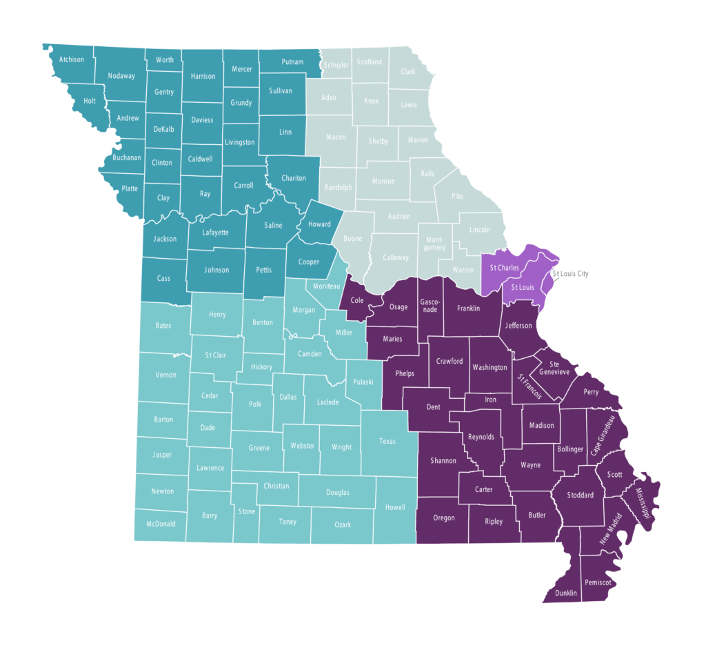 The state of Missouri with colored regions indicating the county boundaries withing each of the MoANA regions